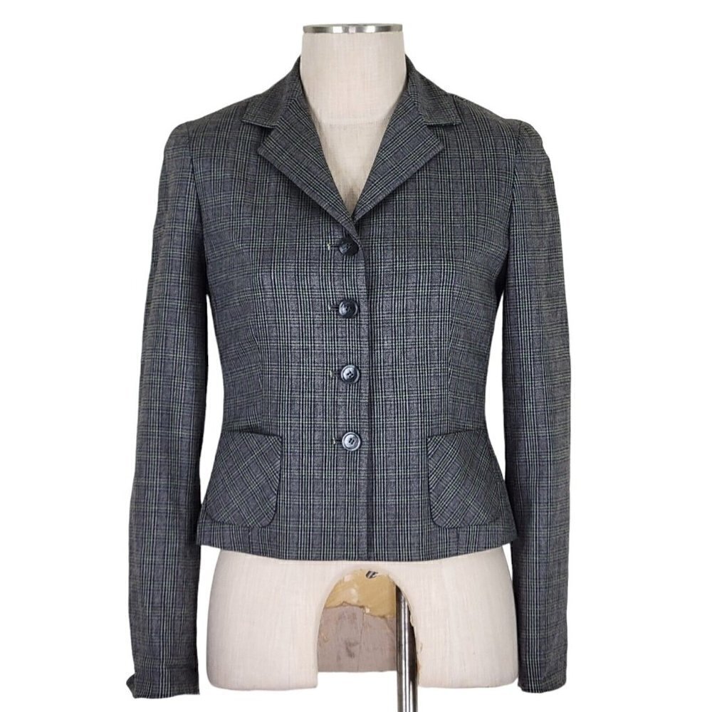 Elie Tahari Blazer Sz 6 Flip Contrast Cuffs Black Lime Plaid Pockets Wool Blend - Picture 2 of 14
